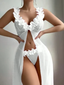 Wedding Lace Contrast Mesh Floral Maxi Nightgown With G String