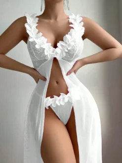 Wedding Lace Contrast Mesh Floral Maxi Nightgown With G String