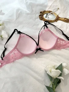 Pink Lace Push Up Bra With Backless Design And Cute Bow