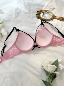 Pink Lace Push Up Bra With Backless Design And Cute Bow