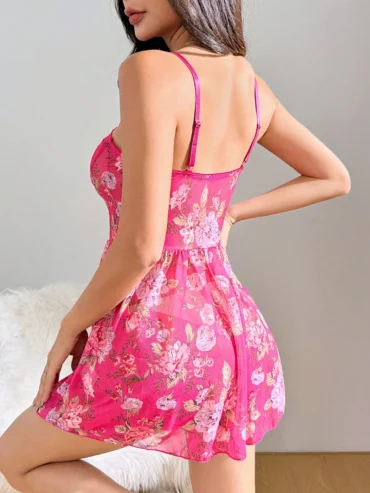 Floral Print With Bow Decor Camisole Nightgown Babydoll
