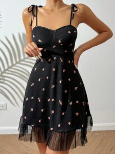 Floral Print Tie Shoulder Ruffle Hem Cami Pajama Nightdress