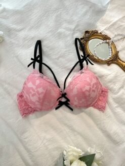 Pink Lace Push Up Bra With Backless Design And Cute Bow