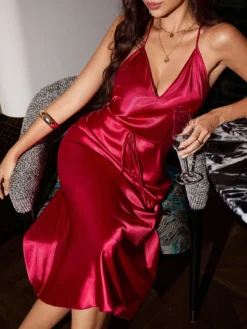Women's Sexy Deep V-Neck Backless Elegant Satin Long Dress