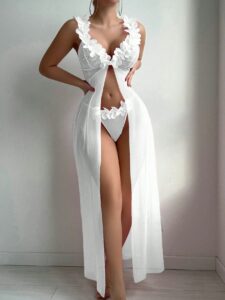 Wedding Lace Contrast Mesh Floral Maxi Nightgown With G String