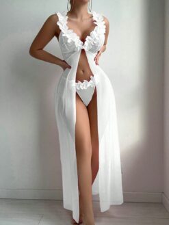Wedding Lace Contrast Mesh Floral Maxi Nightgown With G String
