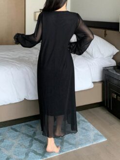 Women Solid Color Front Tie Mesh Panel Everyday Wear Dress
