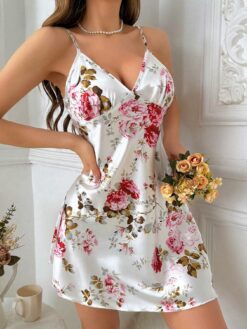 LuxeNights Floral Print Silk Like Cami Sleep Dress
