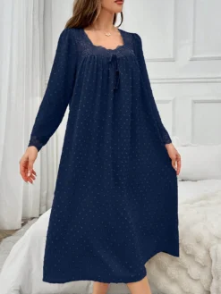 Pom Pom & Lace Patchwork Square Neck Loose Long Sleeve Women Nightgown