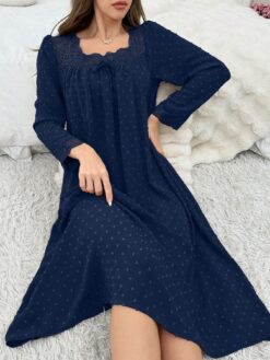 Pom Pom & Lace Patchwork Square Neck Loose Long Sleeve Women Nightgown