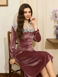 Women's Elegant French Style Patchwork Velvet Long Sleeve Velvet Dress