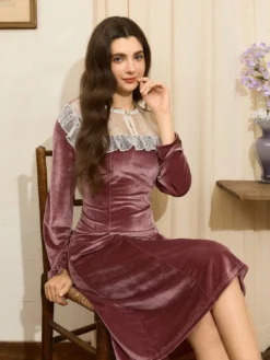 Women's Elegant French Style Patchwork Velvet Long Sleeve Velvet Dress