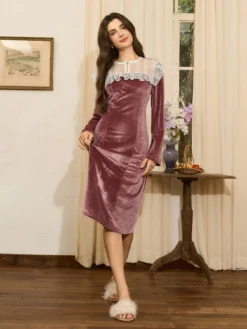 Women's Elegant French Style Patchwork Velvet Long Sleeve Velvet Dress