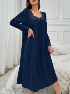 Pom Pom & Lace Patchwork Square Neck Loose Long Sleeve Women Nightgown