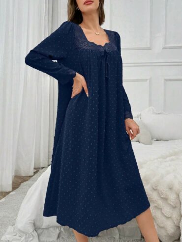 Pom Pom & Lace Patchwork Square Neck Loose Long Sleeve Women Nightgown