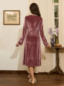 Women's Elegant French Style Patchwork Velvet Long Sleeve Velvet Dress