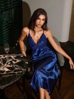 Women's Backless Lace Trim Faux Silk Camisole Nightgown