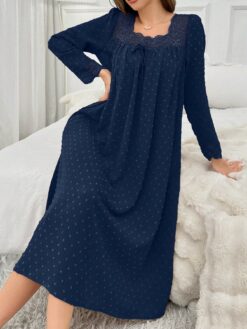 Pom Pom & Lace Patchwork Square Neck Loose Long Sleeve Women Nightgown