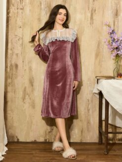 Women's Elegant French Style Patchwork Velvet Long Sleeve Velvet Dress