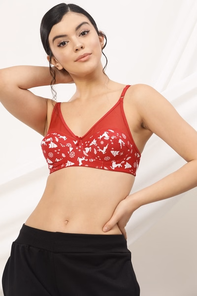 Non-Padded Non-Wired Full Cup Printed Bra in Red - 100% Cotton
