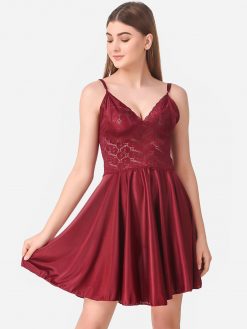 Maroon solid baby doll, has shoulder straps, flared hem Size & Fit The model (height 5'8) is wearing a size S Material & Care Satin Hand Wash