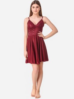 Maroon solid baby doll, has shoulder straps, flared hem Size & Fit The model (height 5'8) is wearing a size S Material & Care Satin Hand Wash