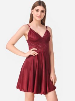 Maroon solid baby doll, has shoulder straps, flared hem Size & Fit The model (height 5'8) is wearing a size S Material & Care Satin Hand Wash
