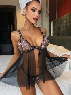 Sexy Lace Embroidery Mesh Lingerie Nightgown