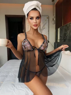 Sexy Lace Embroidery Mesh Lingerie Nightgown