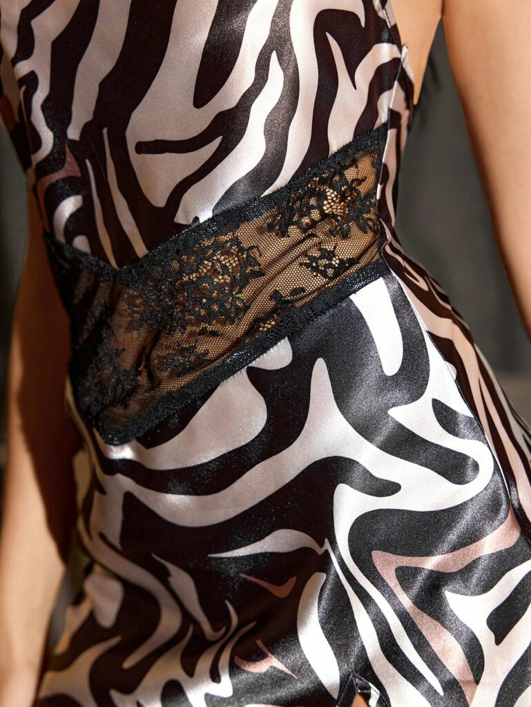 Sexy Satin Zebra Print Contrast Lace Slip Dress