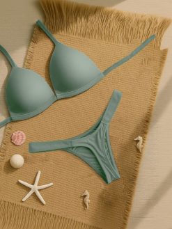 Triangle Bikini Set Padded Tie Knot Swimwear with Halter Neck and Thong Bottom