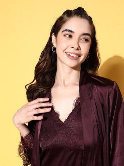 Women Burgundy Solid Satin Nightdress with Robe