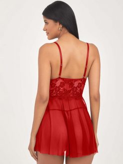 Women Front Bow Tie-Up Cup Laced Baby Doll With Brief Nightwear