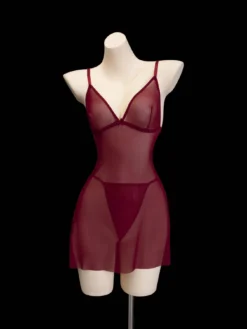 Women's Sexy Wireless Mesh Cami Red Lingerie Dress