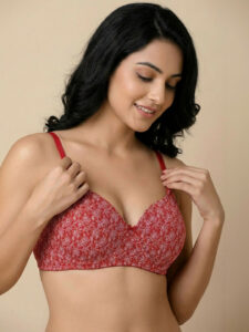 Medium Coverage Underwired Lightly Padded Floral Bra - Red