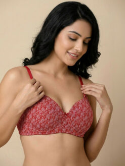 Medium Coverage Underwired Lightly Padded Floral Bra - Red