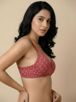 Medium Coverage Underwired Lightly Padded Floral Bra - Red