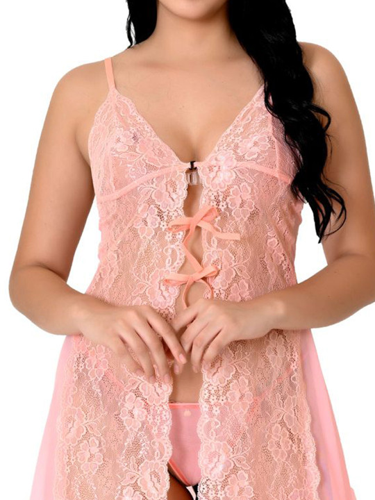 Net Self Design Baby Doll Nighty with High-Low