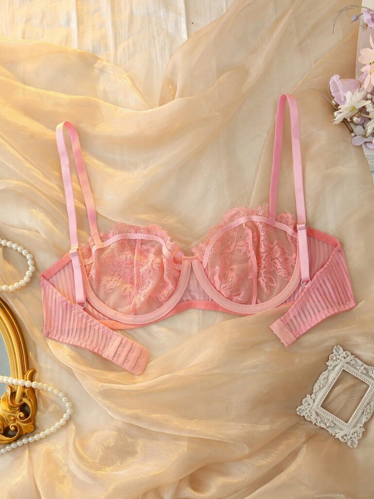 Pink Underwire Lace Patchwork Sheer Net Bra