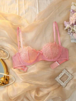 Pink Underwire Lace Patchwork Sheer Net Bra