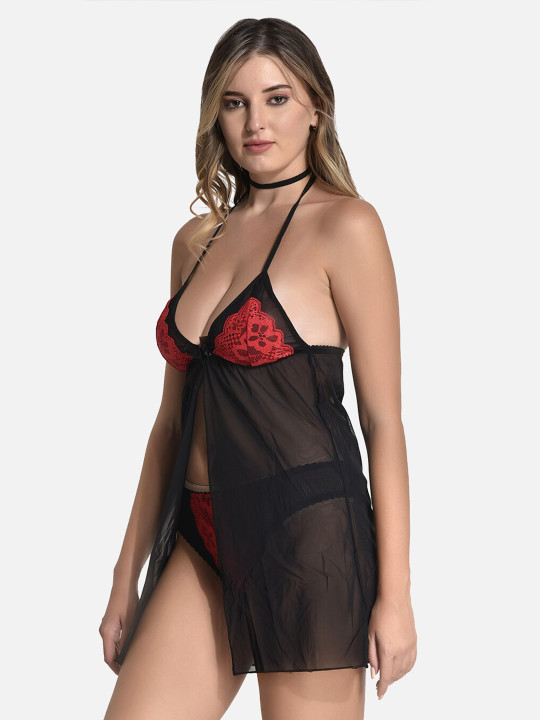 Self Design Shoulder Straps Satin Baby Doll Nighty