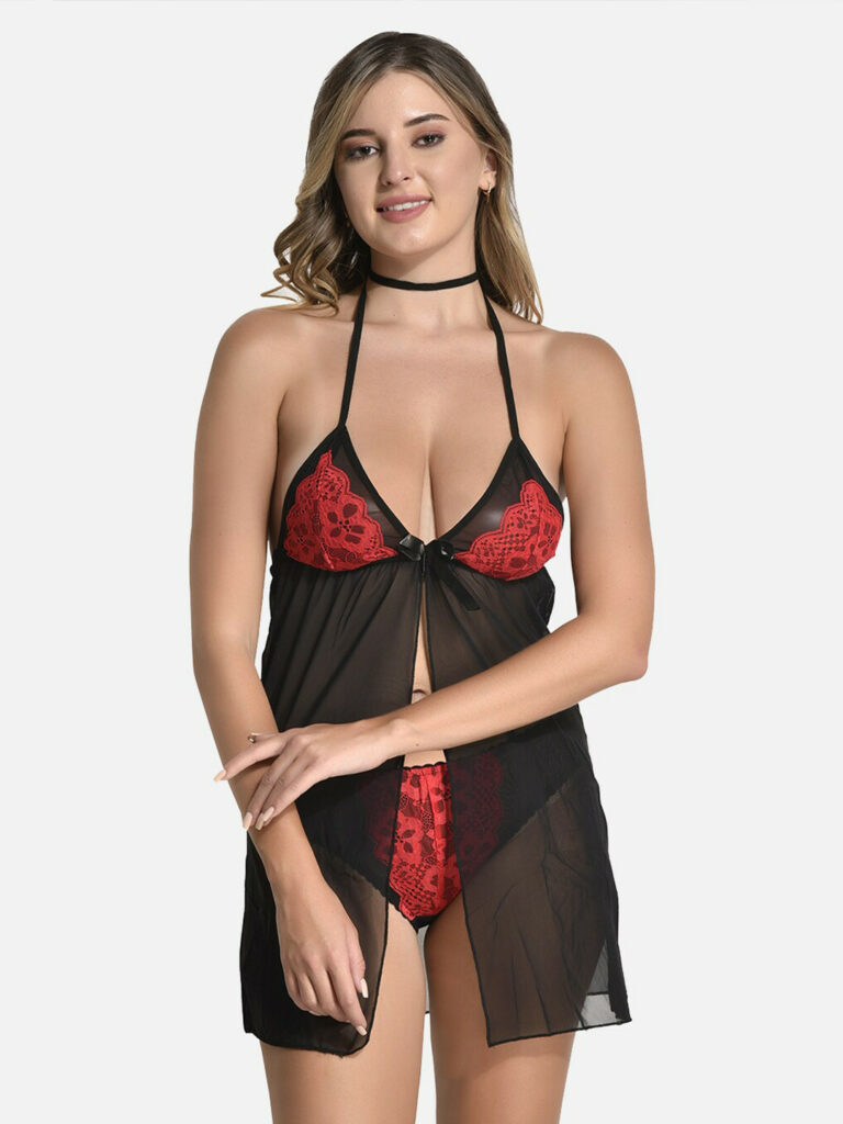 Self Design Shoulder Straps Satin Baby Doll Nighty