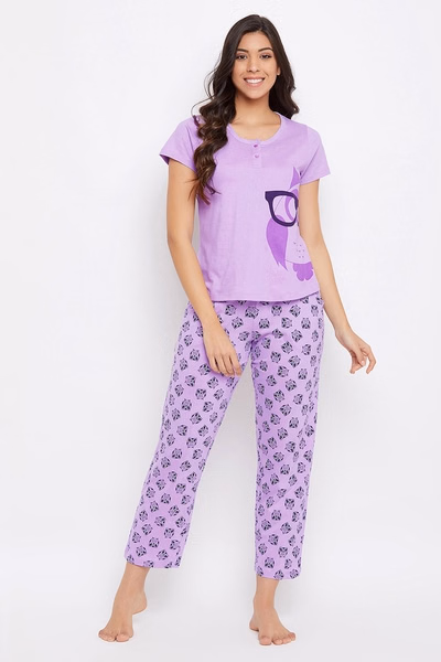 Women Print Pyjama in Lilac - 100% Cotton