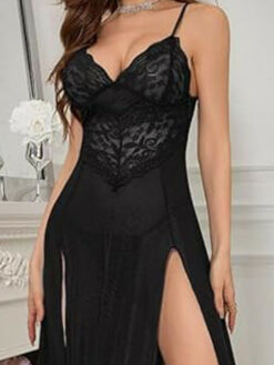Women Sheer Self Design Shoulder Straps Long Nightwear