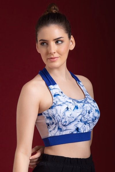 Non-Wired Abstract Print Racerback Sports Bra in White