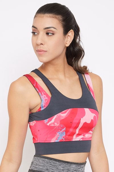 Medium Impact Padded Abstract Print Sports Bra in Pink