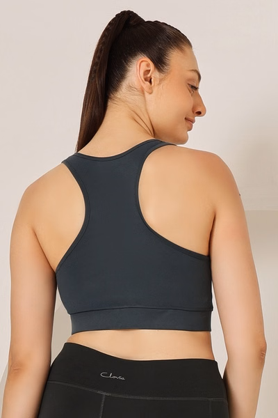Medium Impact Padded Sports Bra with Removable Cups in Dark Grey