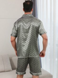 Men's Satin Silk Geometric Print Short Sleeve Top And Shorts Pajama Set