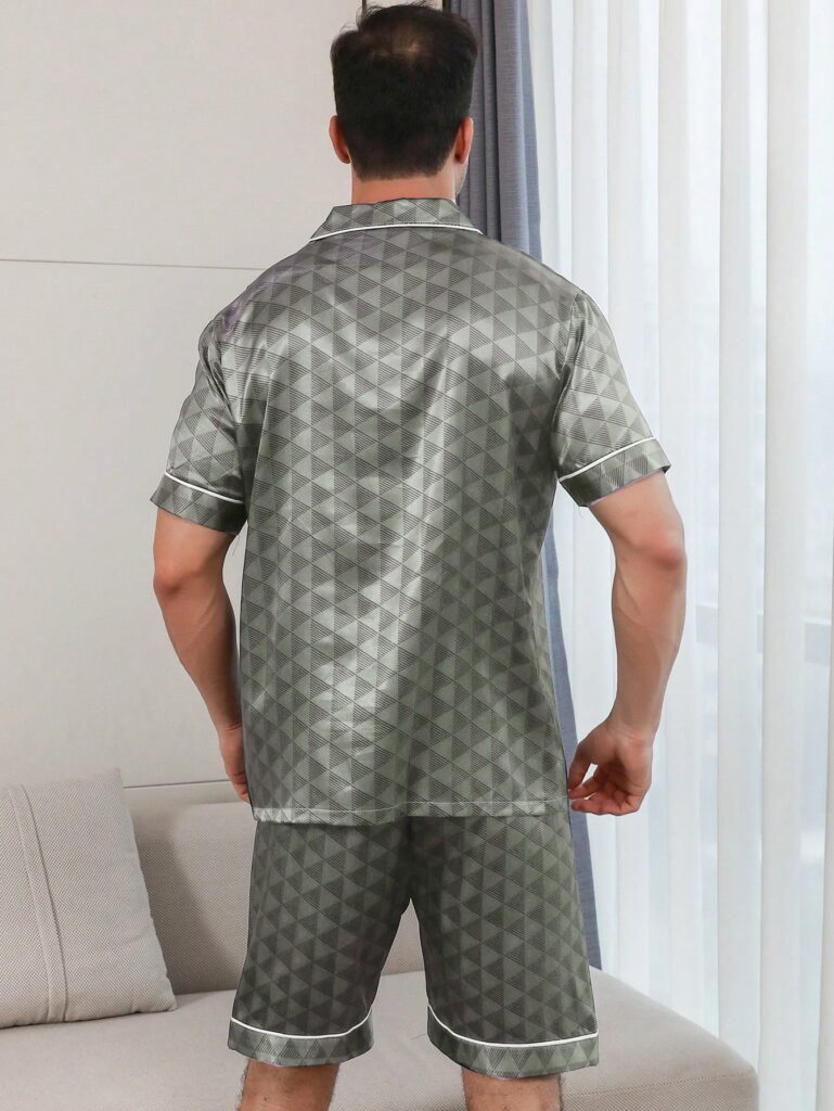 Men's Satin Silk Geometric Print Short Sleeve Top And Shorts Pajama Set
