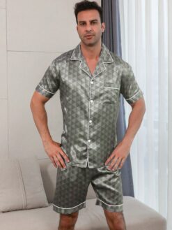 Men's Satin Silk Geometric Print Short Sleeve Top And Shorts Pajama Set